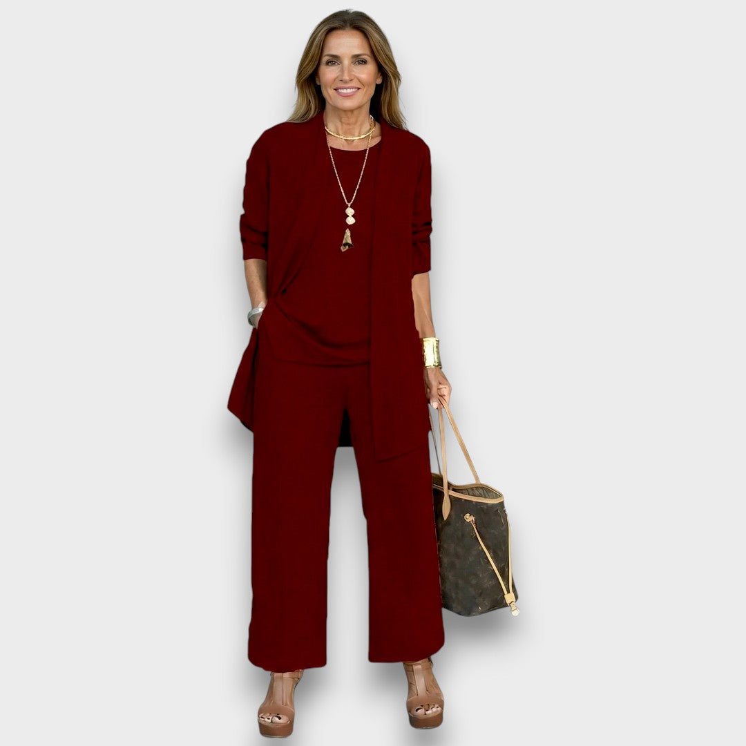 Womens dark red three piece set with open front cardigan wide leg trousers and long sleeve top