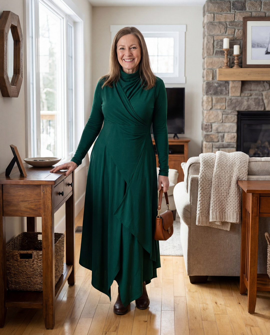 Womens emerald green asymmetrical midi dress with long sleeves and draped wrap detail