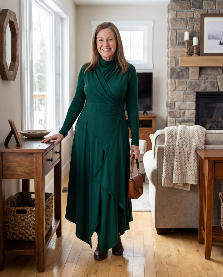 Womens emerald green asymmetrical midi dress with long sleeves and draped wrap detail