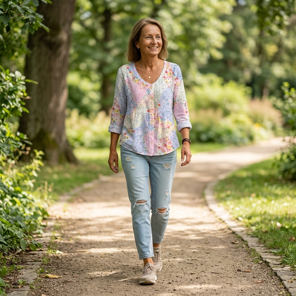 Womens floral patchwork V neck blouse with long sleeves and relaxed fit styled with distressed jeans during a casual outdoor walk