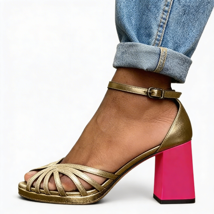 Womens gold ankle strap heels with strappy open toe design and contrast block heel