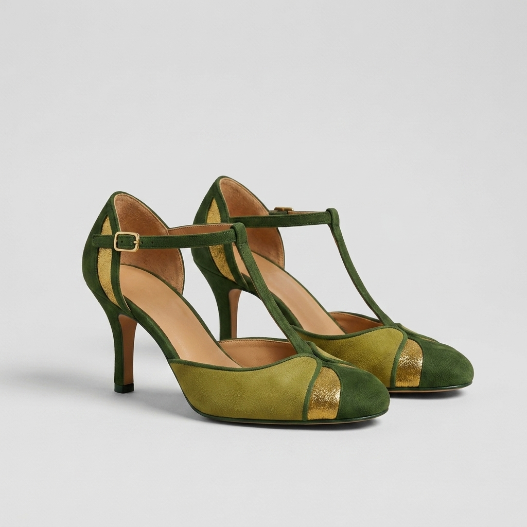 Womens green t strap heels with ankle buckle and round toe design