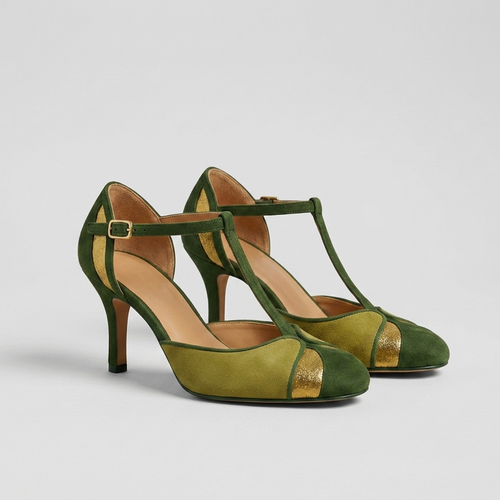 Womens green t strap heels with ankle buckle and round toe design