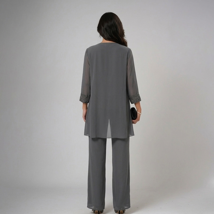 Womens grey chiffon trousers set with sheer longline cardigan and wide leg trousers