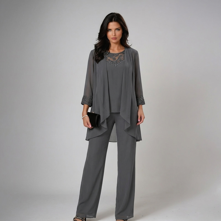 Womens grey lace trousers set with sheer open front cardigan wide leg trousers and lace detail top