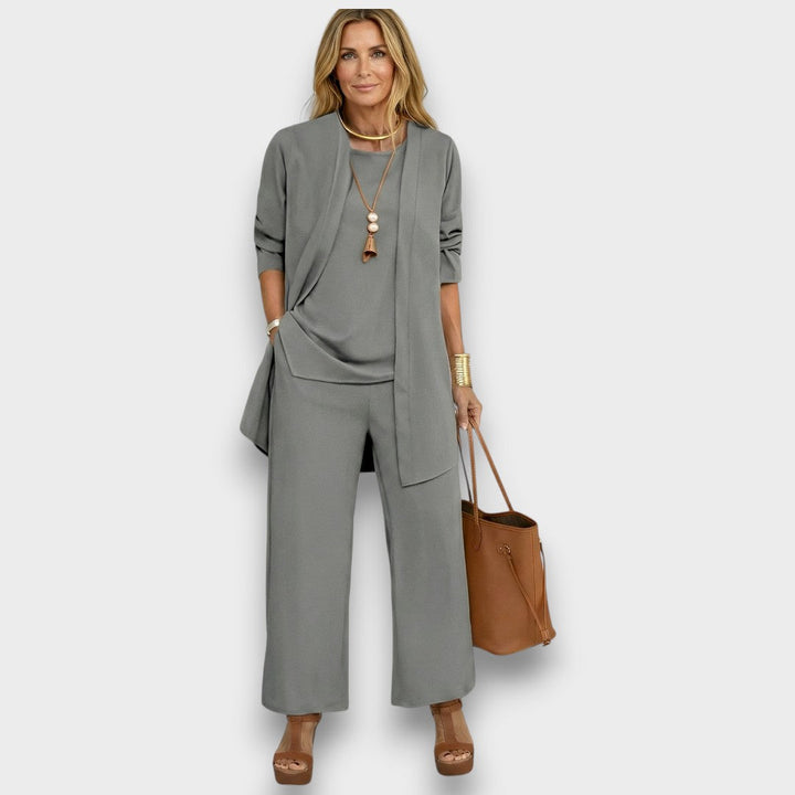 Womens grey three piece lounge set with open front cardigan wide leg trousers and relaxed fit top