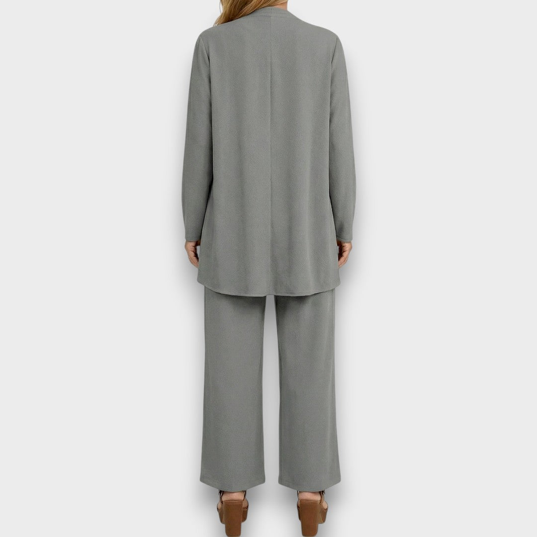 Womens grey three piece trousers set with open front cardigan wide leg trousers and relaxed fit top