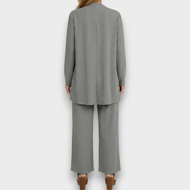 Womens grey three piece trousers set with open front cardigan wide leg trousers and relaxed fit top