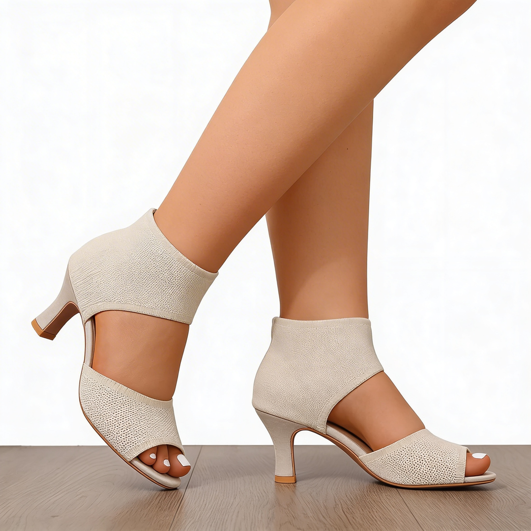 Womens ivory open toe heels with ankle cuff design and textured knit upper