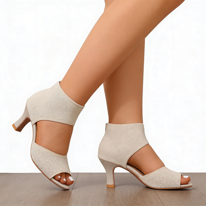 Womens ivory open toe heels with ankle cuff design and textured knit upper