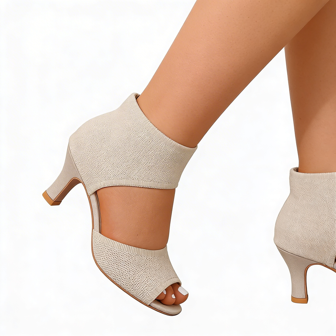 Womens ivory open toe heels with ankle cuff design and textured knit upper