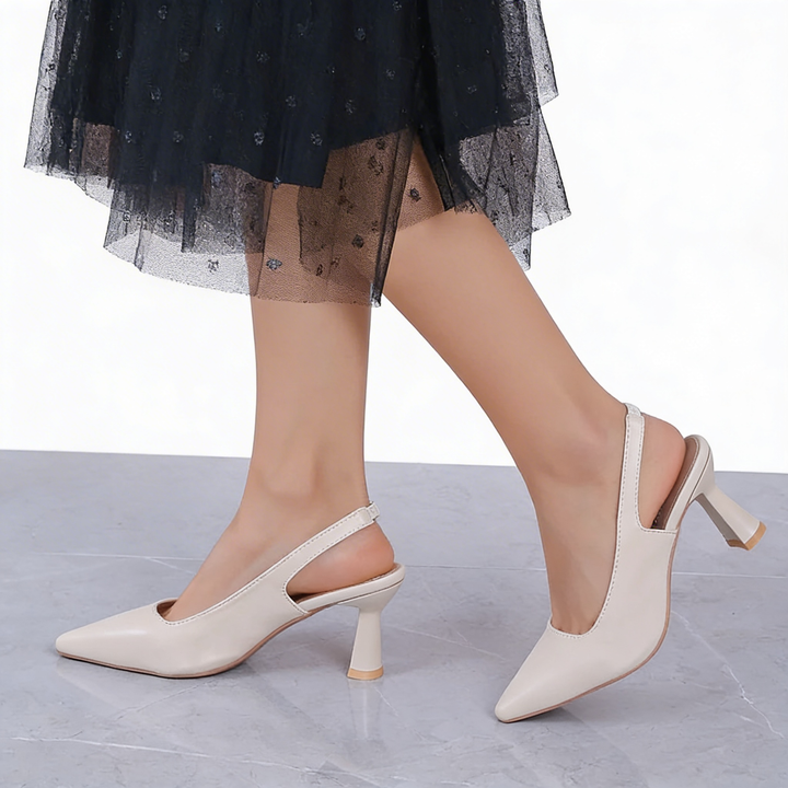 Womens ivory slingback heels with pointed toe and mid heel design