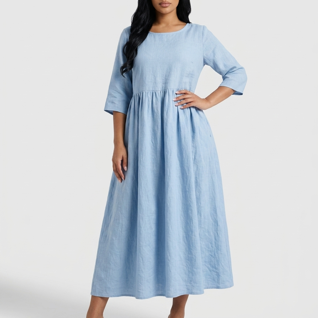 Womens light blue maxi dress with three quarter sleeves and gathered waist