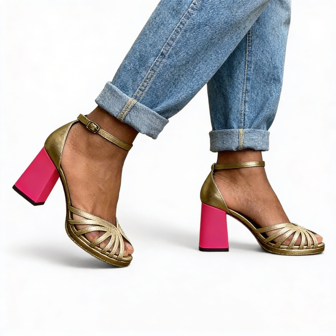 Womens metallic ankle strap block heel sandals with strappy open toe design and contrast statement heel