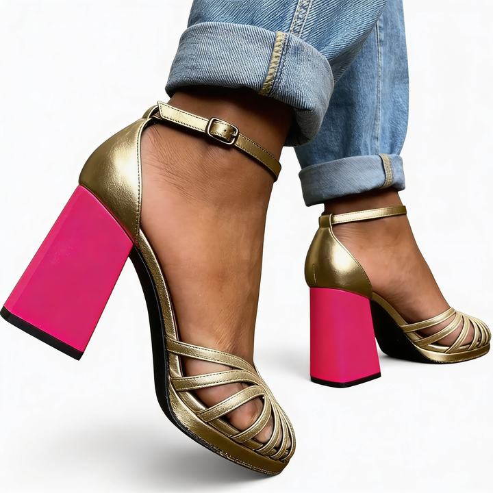 Womens metallic cage block heel sandals with ankle strap fastening and contrast statement heel