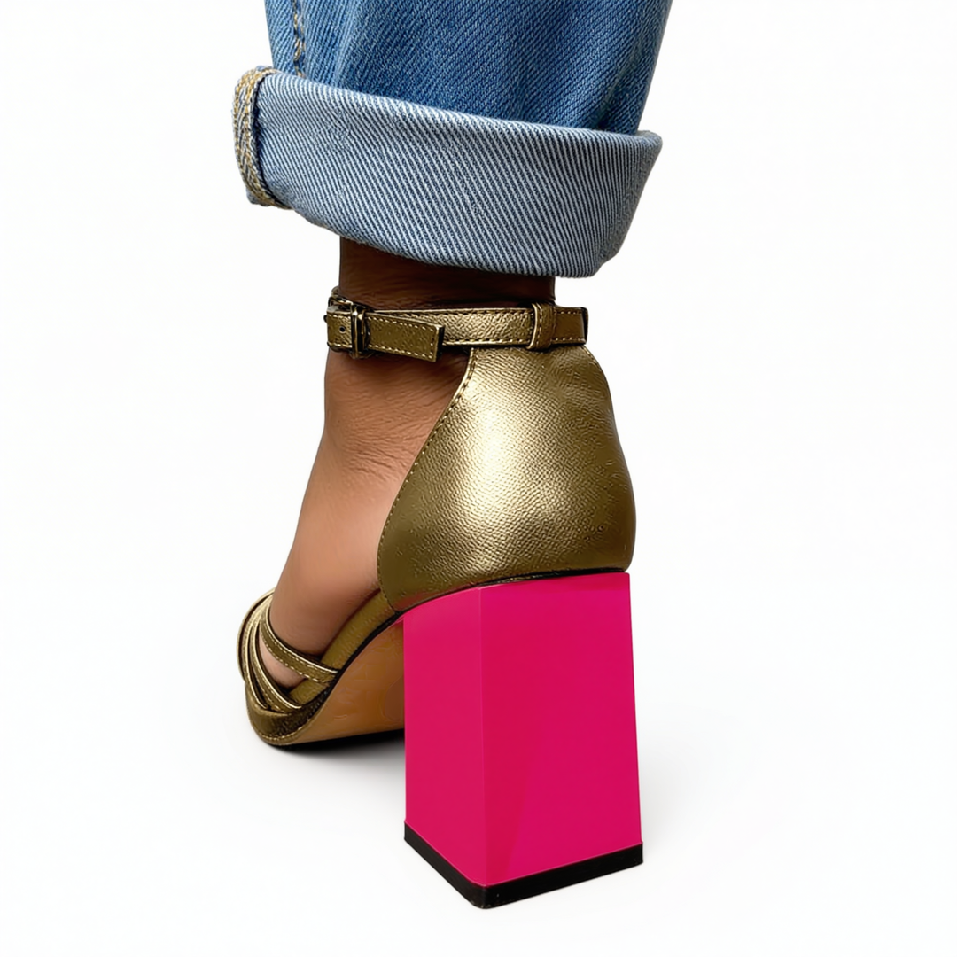 Womens metallic strappy block heel sandals with ankle strap fastening and statement contrast heel
