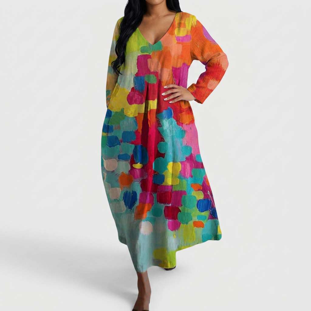 Womens multicolor printed maxi dress with v neck and long sleeves