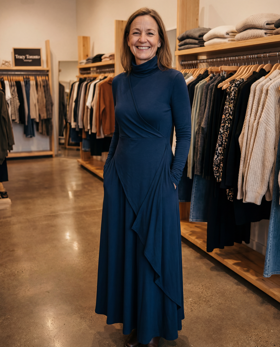 Womens navy blue maxi dress with long sleeves and draped wrap detail