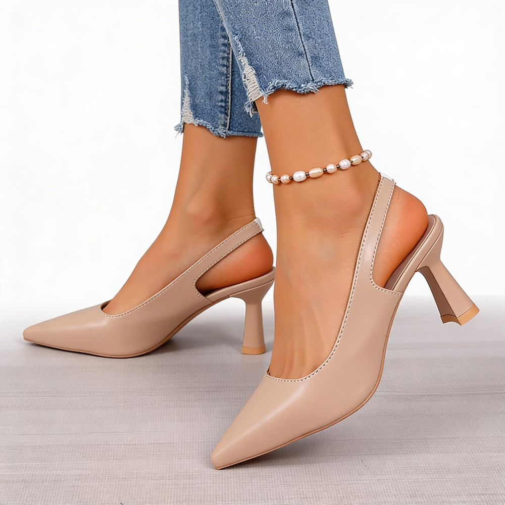 Womens pointed toe slingback kitten heels featuring a pointed toe design, open back silhouette and sculpted low heel for versatile day to evening wear