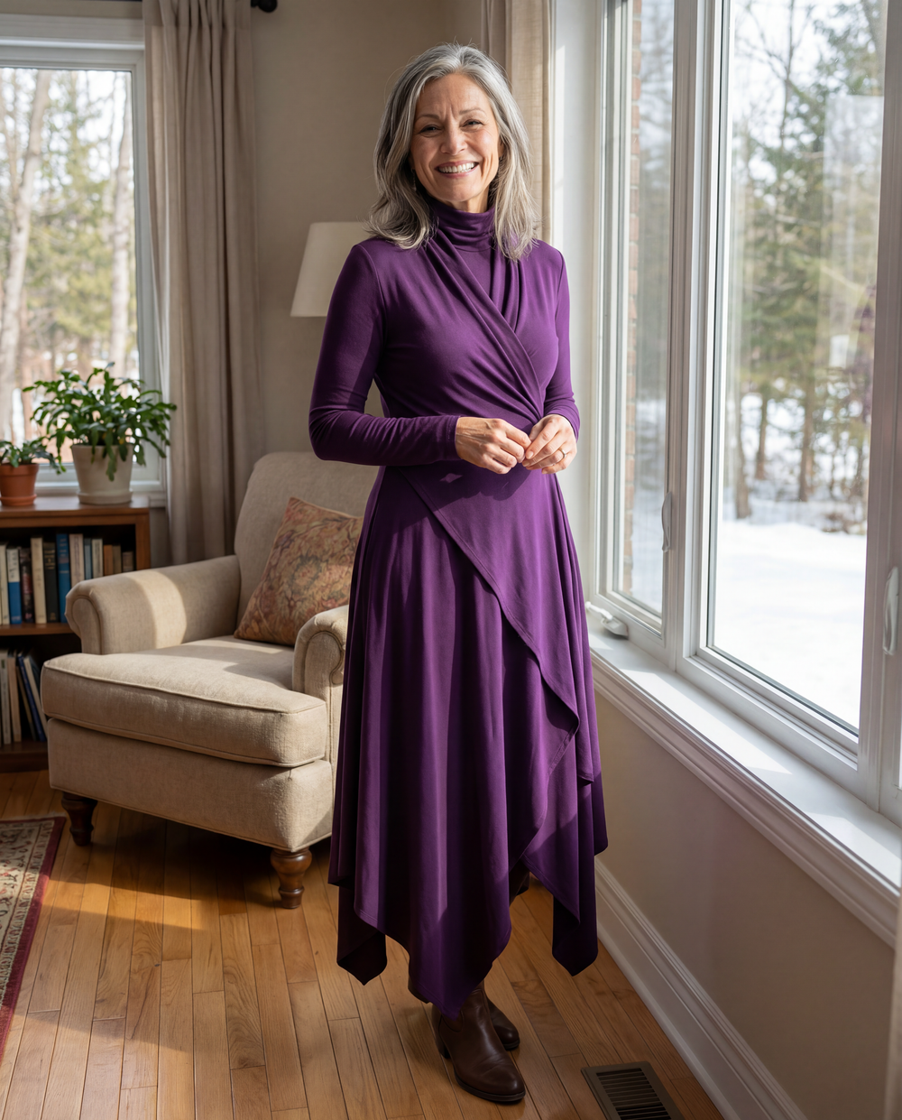 Womens purple asymmetrical midi dress with long sleeves and draped wrap detail
