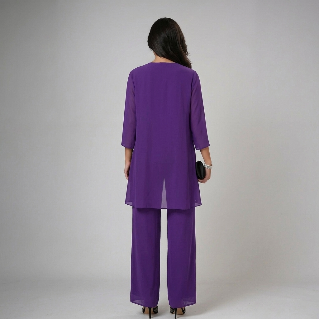 Womens purple chiffon trousers set with sheer longline cardigan and wide leg trousers