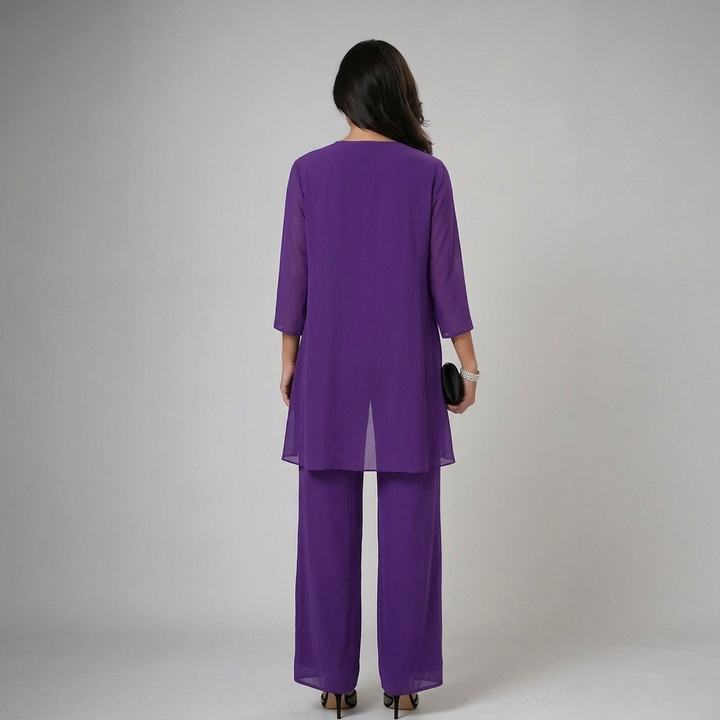 Womens purple chiffon trousers set with sheer longline cardigan and wide leg trousers
