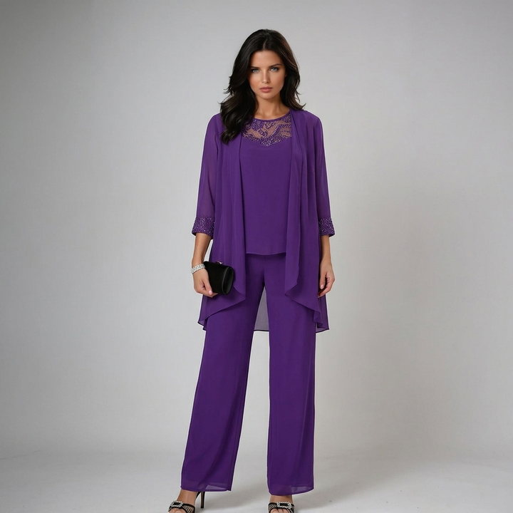 Womens purple lace trousers set with sheer open front cardigan wide leg trousers and lace detail top