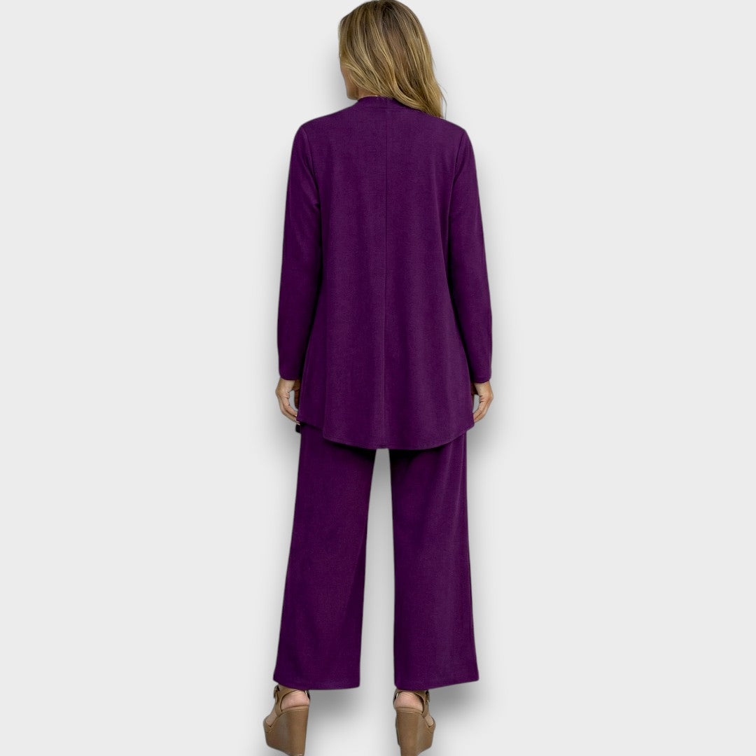 Womens purple three piece set with open front cardigan wide leg trousers and long sleeve top