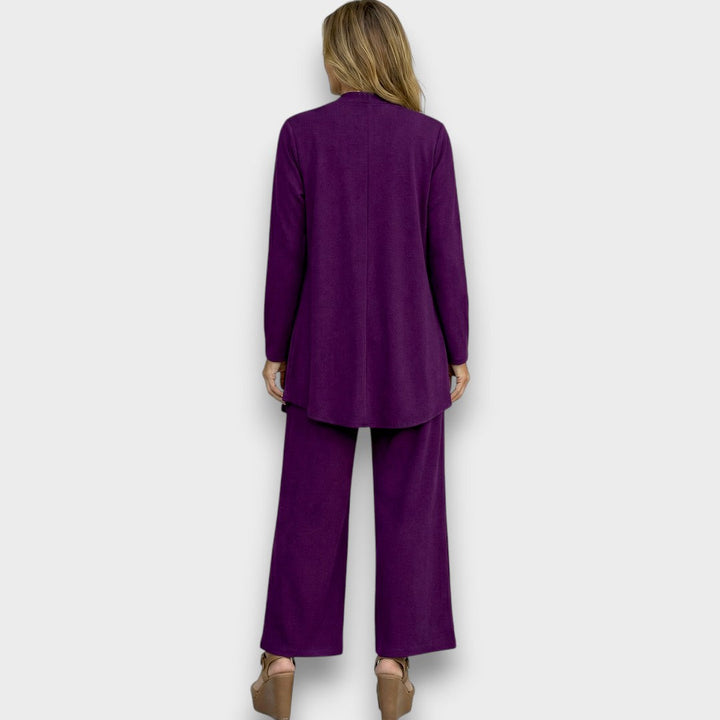 Womens purple three piece set with open front cardigan wide leg trousers and long sleeve top