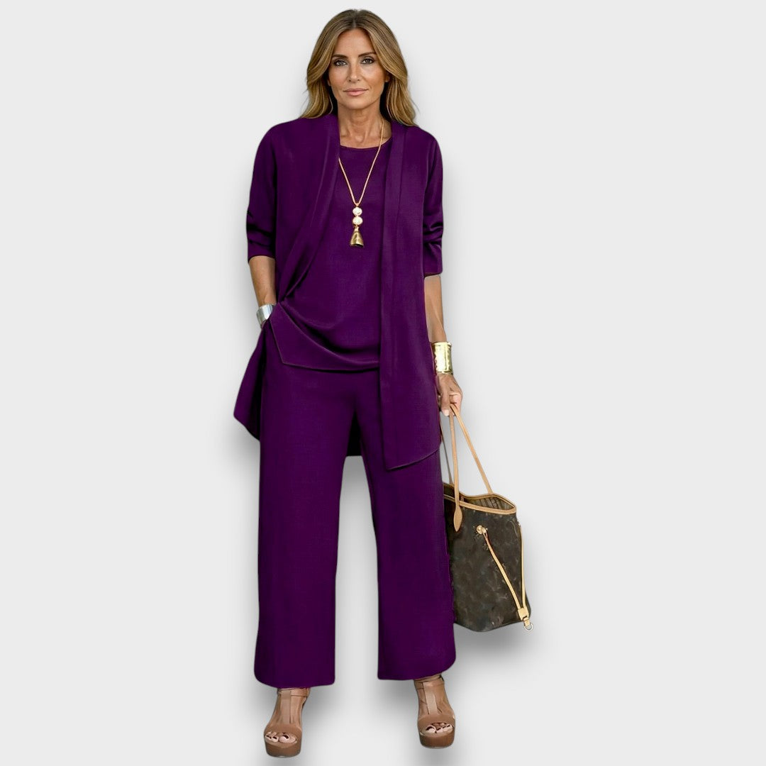 Womens purple three piece trousers set with open front cardigan wide leg trousers and relaxed fit top
