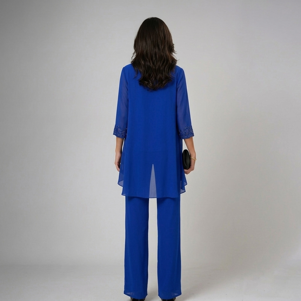 Womens royal blue chiffon trousers set with sheer longline cardigan and wide leg trousers