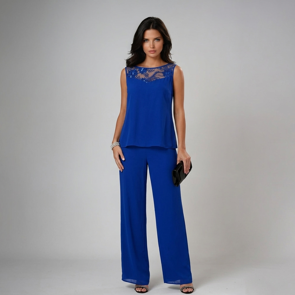 Womens royal blue lace trousers set with sleeveless lace detail top and wide leg trousers