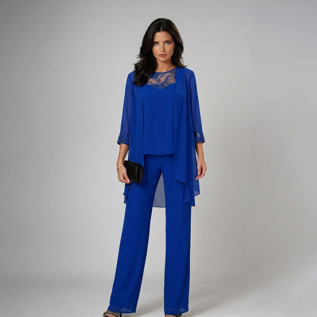 Womens royal blue lace trousers set with sheer open front cardigan wide leg trousers and lace detail top