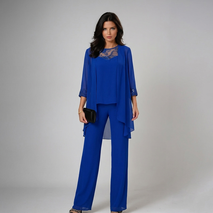 Womens royal blue lace trousers set with sheer open front cardigan wide leg trousers and lace detail top