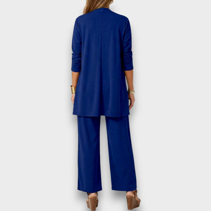 Womens royal blue three piece lounge set with open front cardigan wide leg trousers and relaxed fit top