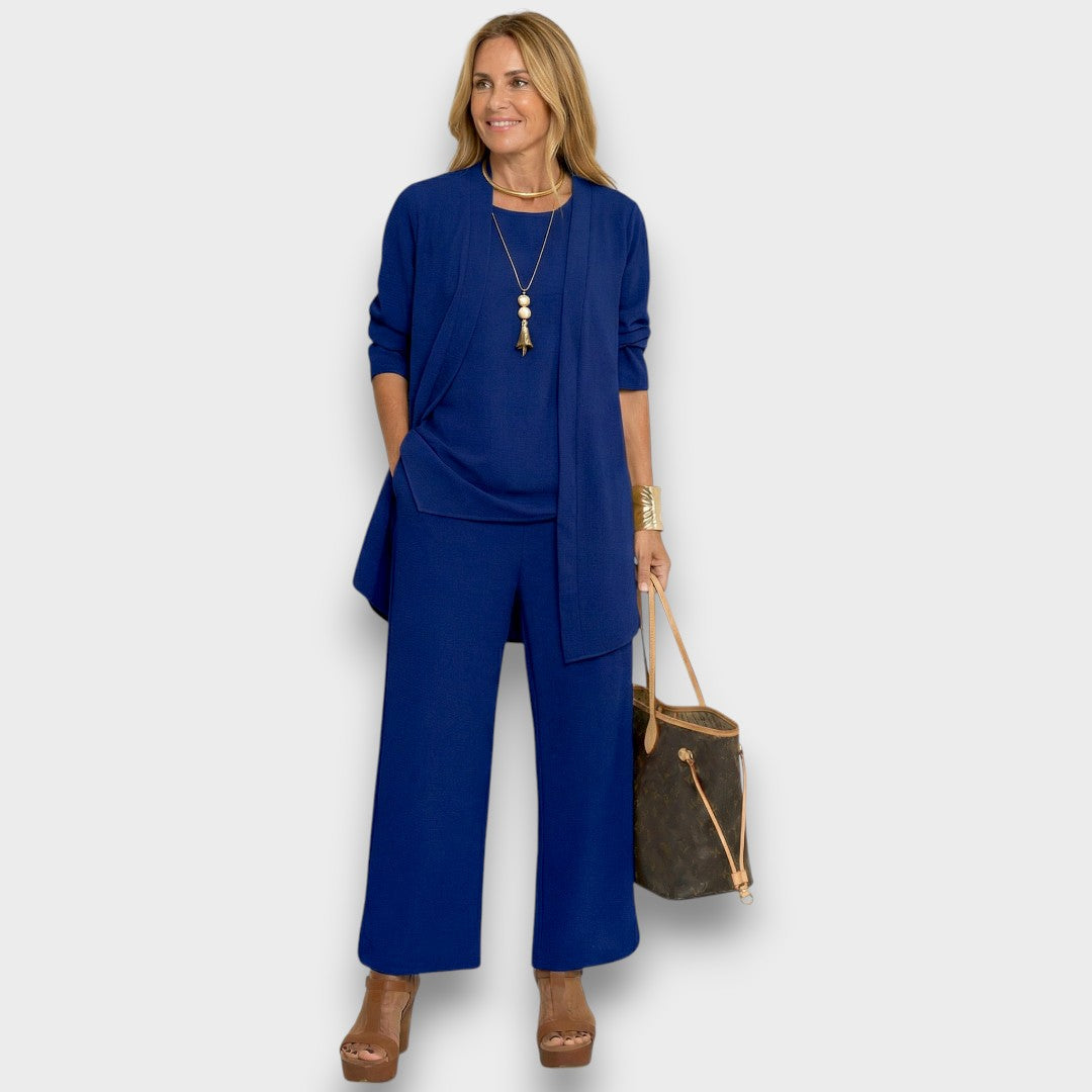Womens royal blue three piece lounge set with open front cardigan wide leg trousers and relaxed fit top