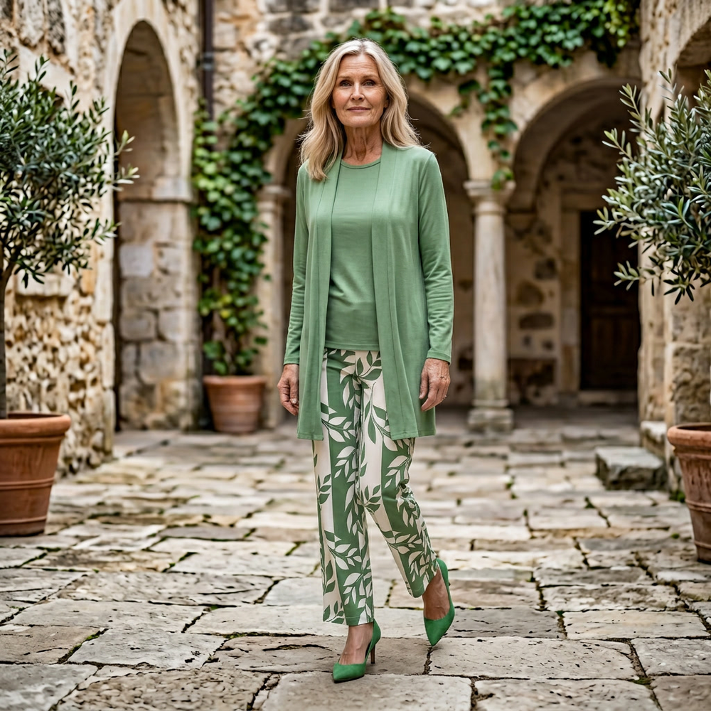 Womens sage green trousers set with leaf print wide leg trousers and open front cardigan