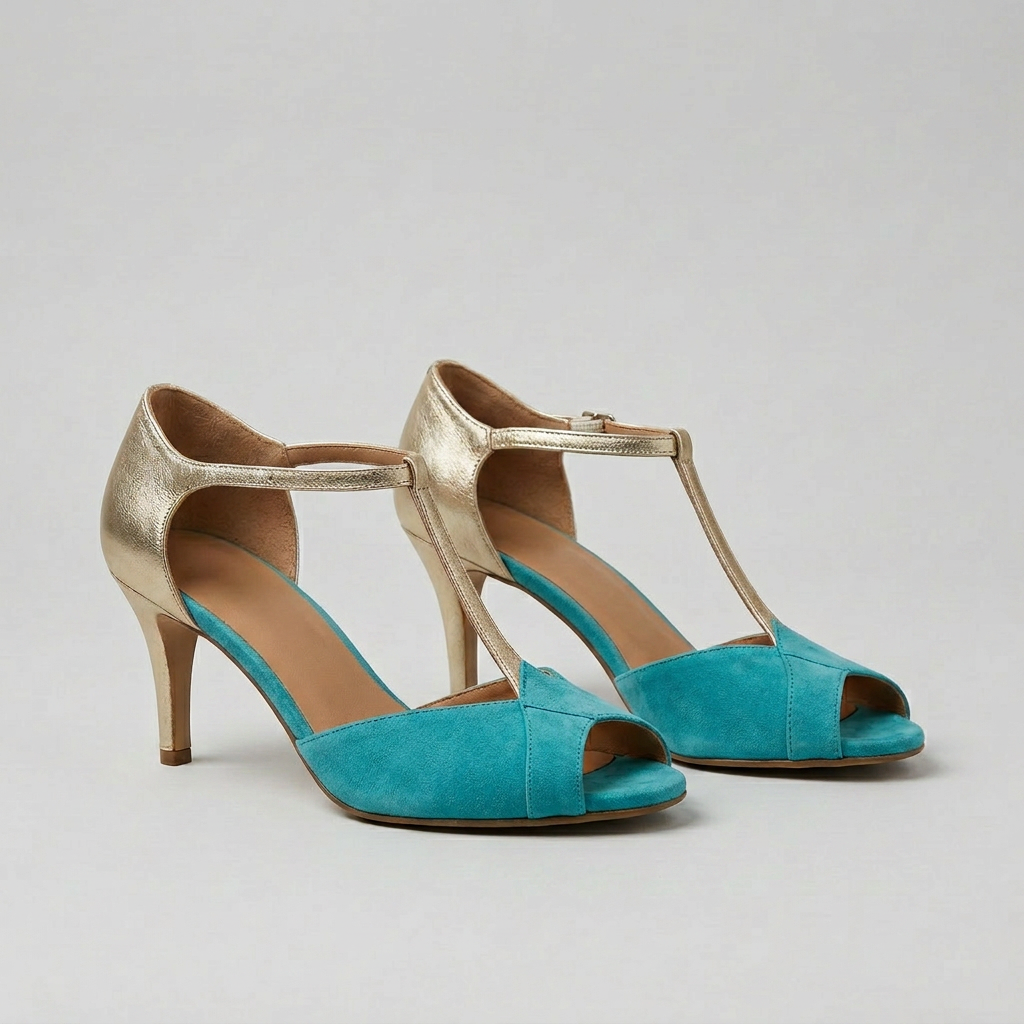 Womens turquoise and gold t strap heels with open toe and high heel design