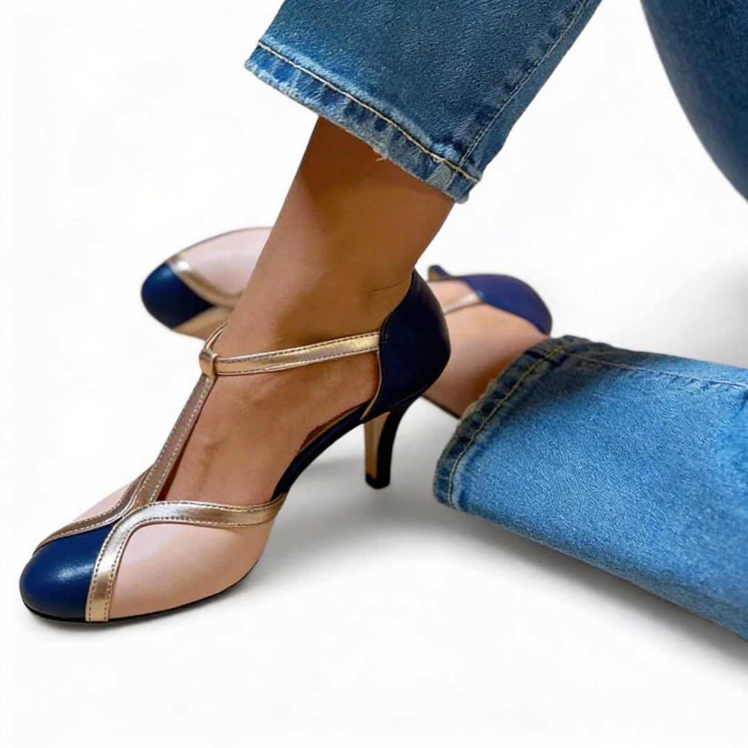 Womens vintage colour block T strap heels featuring a rounded toe silhouette, contrast panel design and slim mid heel